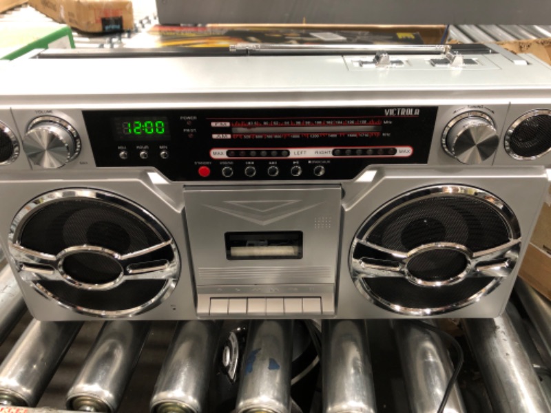 Photo 2 of Victrola 1980s Retro Bluetooth Boombox with Cassette Player and AM/FM Radio, Wired and Wireless Streaming, Classic 80s Style with Modern Technology, Silver