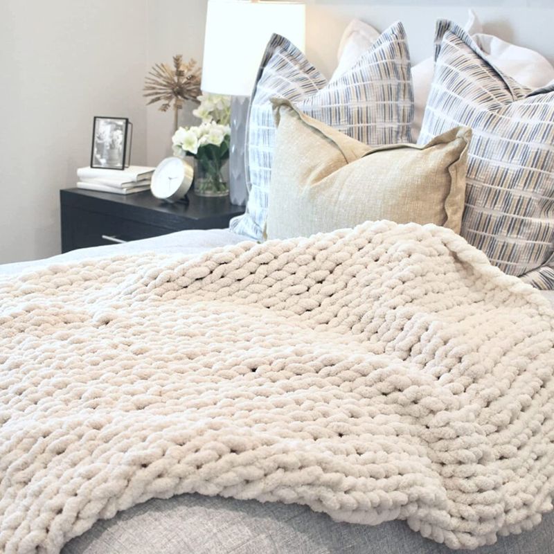 Photo 1 of Adyrescia Chunky Knit Blanket Throw | 100% Hand Knit with Jumbo Chenille Yarn (50"x60", Cream White)
