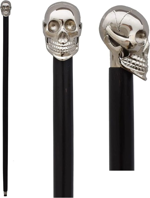 Photo 2 of FYNJREX Solid Brass Silver Skull Head Walking Cane Wooden Black Walking Stick Designer Fashion Cane for Men
