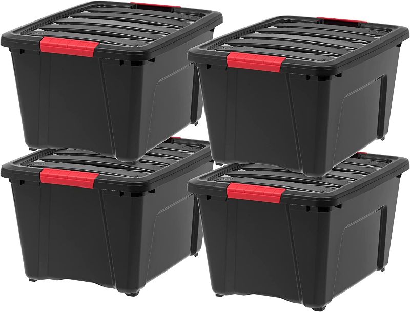 Photo 2 of IRIS USA 32 Qt. Plastic Storage Container Bin with Secure Lid and Latching Buckles, 4 pack - Black, Durable Stackable Nestable Organizing Tote Tub Box Toy General Organization Medium
