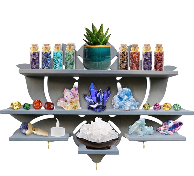 Photo 1 of ***USED**  Chakral Lotus Flower Shelf for Crystals | Display Shelf for Rocks, Essential Oils, and Plants | Floating Shelf for Crystal, Hippie, Zen, or Spiritual Decor | Crystal Display Shelf Wall Decor (Grey)