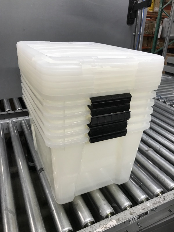 Photo 2 of ****DAMAGE TO SOME TOPS***  IRIS USA 40 Qt. Plastic Storage Tote, 6 Pack, Pearl, Bin Organizing Container with Durable Lid and Secure Latching Buckles, Pearl/Black 40 Qt. - 6 Pack