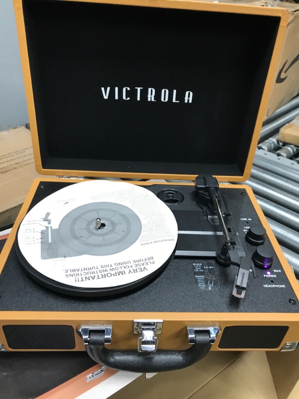 Photo 3 of Victrola Vintage 3-Speed Bluetooth Portable Suitcase Record Player with Built-in Speakers, Upgraded Turntable Audio Sound, Cognac Cognac Record Player