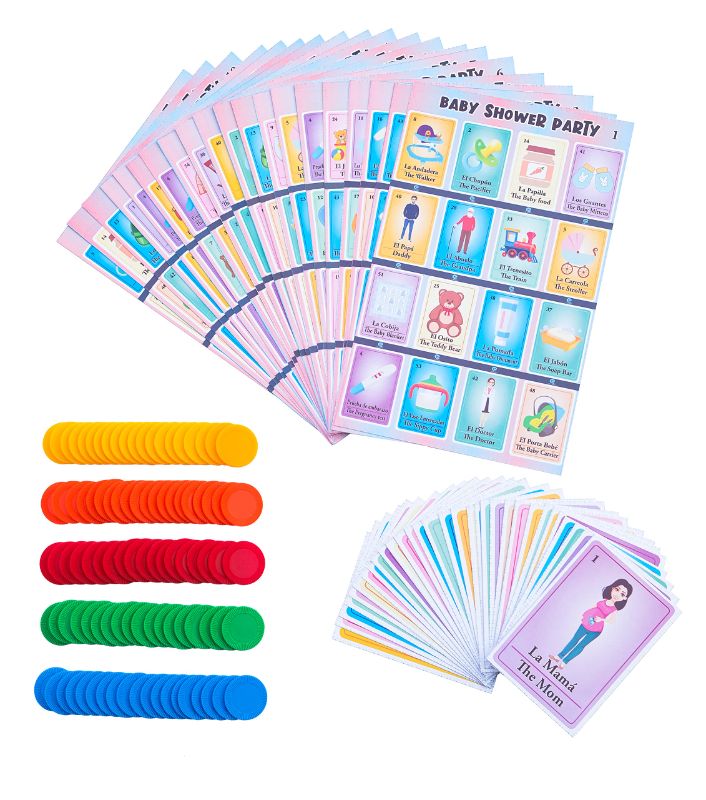 Photo 1 of Baby Shower Loteria Bingo Kit - Bilingual English Spanish, for 20 Players - Includes 1 Deck of Cards and Boards - with 100 Bingo Chips - for The Entire Family - Great for Learning Spanish.