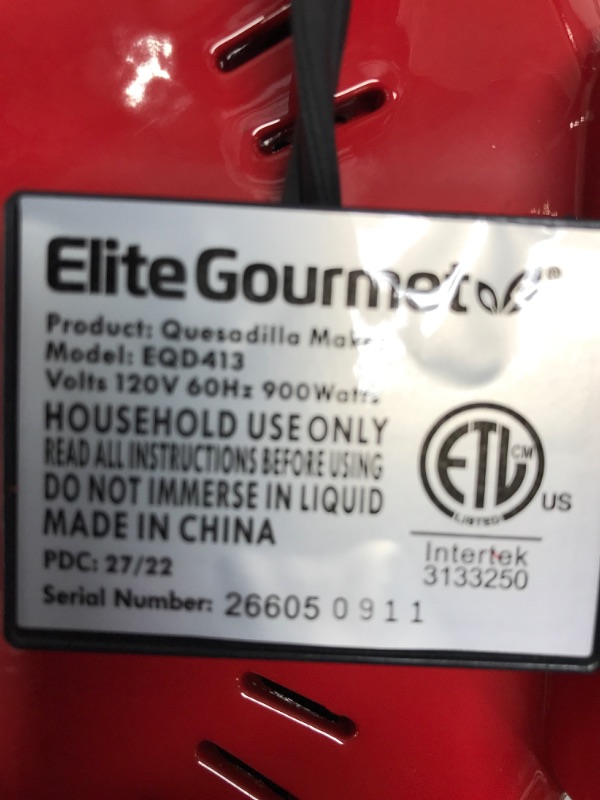 Photo 3 of ***TESTED POWER ON***Elite Gourmet EQD413 Non-Stick Electric, Mexican Taco Tuesday Quesadilla Maker, Easy-Slice 6-Wedge, Grilled Cheese, 8 Inch, Red 8" Quesadilla Maker