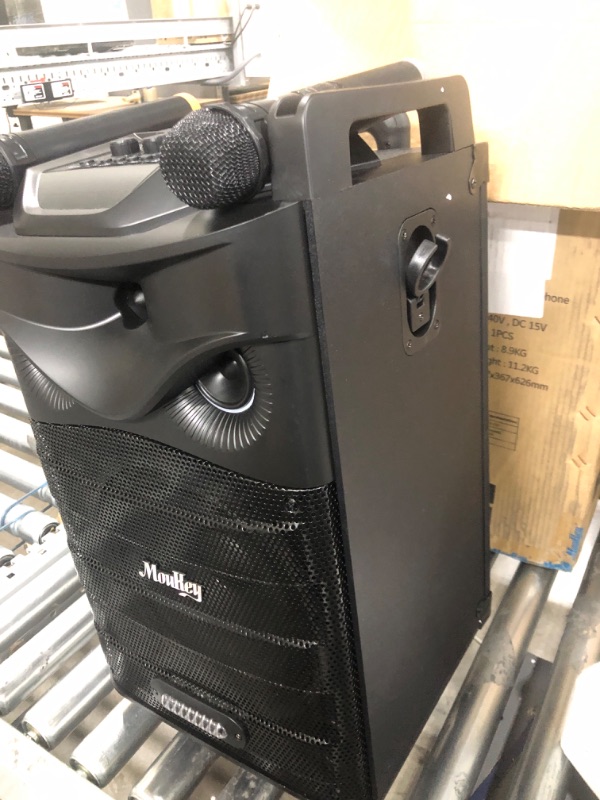 Photo 1 of Moukey Karaoke Machine, PA System Subwoofer, Portable Bluetooth Speaker w/ 2 Wireless Microphones, Lyrics Display Holder, Party Lights & Echo/Treble/Bass Adjustment, Support TWS/REC/AUX/MP3/USB/TF/FM 10" Subwoofer