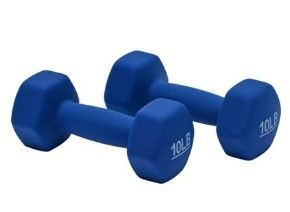 Photo 1 of Amazon Basics Neoprene Coated Dumbbell Hand Weight Set, 10-Pound, Set of 2, Navy Blue & Vinyl Kettlebell - 15 Pounds, Pink