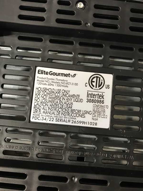 Photo 2 of ** TESTED- POWERS ON*** Elite Gourmet ECT-3100 Long Slot 4 Slice Toaster, Reheat, 6 Toast Settings, Defrost, Cancel Functions, Built-in Warming Rack, Extra Wide Slots for Bagels & Waffles, Stainless Steel & Black 4 Slice Stainless Steel and Black