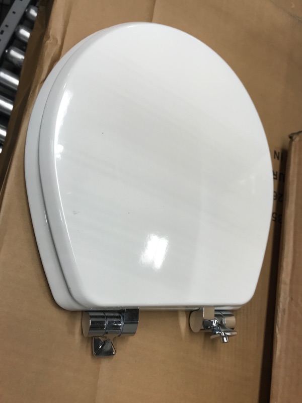 Photo 2 of **MISSING HARDWARE** MAYFAIR 826CHSL 000 Benton Toilet Seat with Chrome Hinges will Slow Close and Never Come Loose, ROUND, Durable Enameled Wood, White Round Chrome Hinges