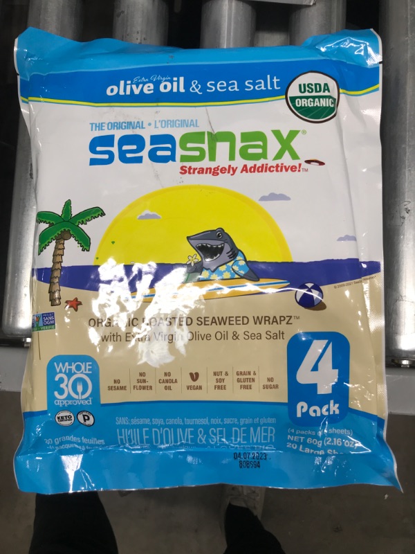 Photo 2 of **BBD: 4/7/2023**
SeaSnax Organic Olive Oil Roasted Seaweed Nori Sheets, Original, 2.16 Ounce (20 Large Sheets)