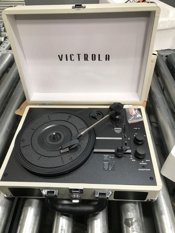 Photo 2 of Victrola Vintage 3-Speed Bluetooth Portable Suitcase Record Player with Built-in Speakers | Upgraded Turntable Audio Sound | Light Grey Light Grey Record Player