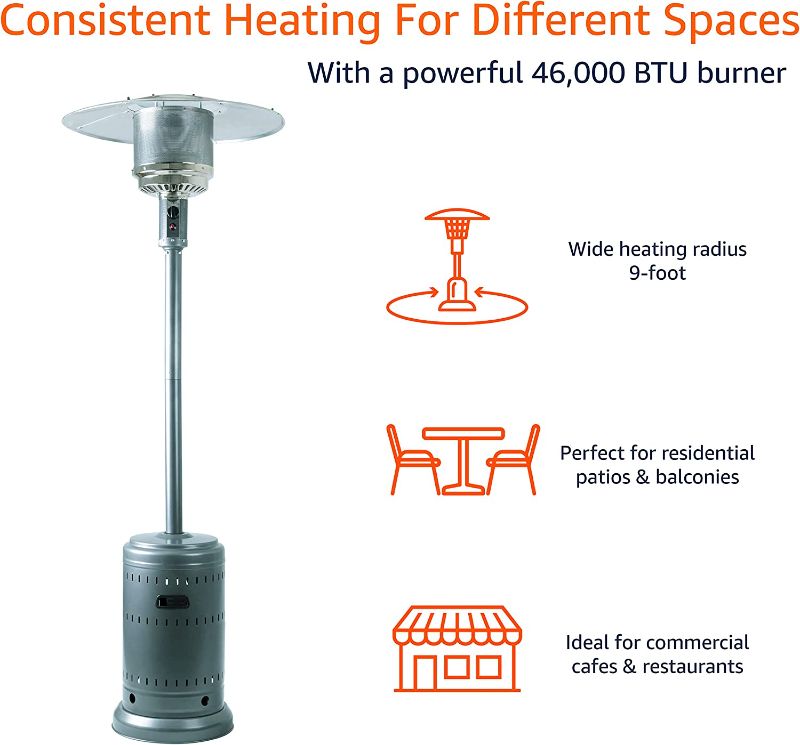 Photo 4 of Amazon Basics 46,000 BTU Outdoor Propane Patio Heater with Wheels, Commercial & Residential - Slate Gray
