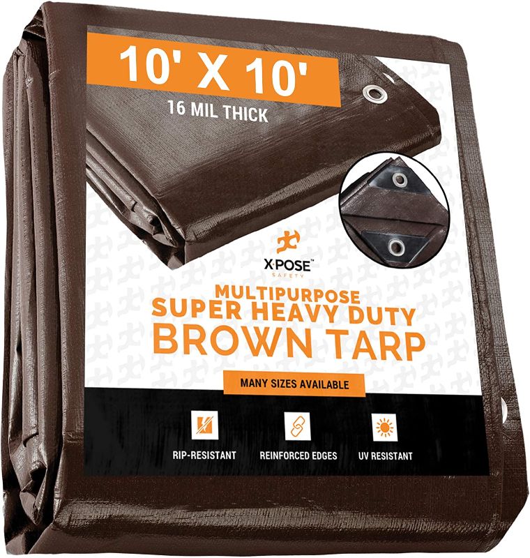 Photo 1 of 10' x 10' Super Heavy Duty 16 Mil Brown Poly Tarp Cover - Thick Waterproof, UV Resistant, Rip and Tear Proof Tarpaulin 
