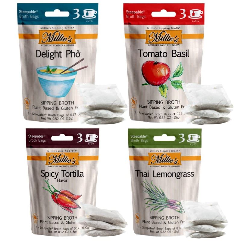Photo 1 of **2 pack**
exp dates: 03/13,24/23  and 04/23
MILLIE'S SIPPING BROTH Steepable Vegetable Broth with Savory Seasonings for Snack Urges | Vegan, Keto, Gluten Free, Intermittent Fasting, and natural | (3 Pack Assortment - 12 Broth Bags Total)