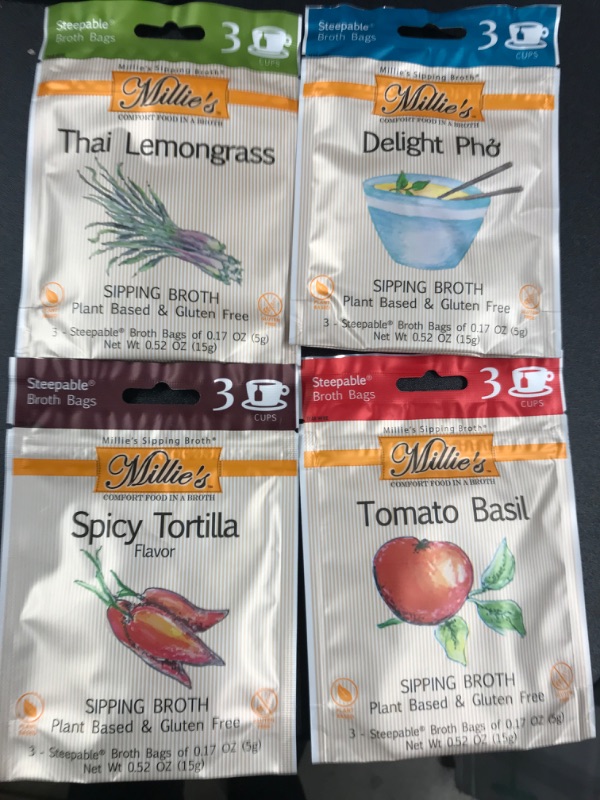 Photo 2 of **2 pack**
exp dates: 03/13,24/23  and 04/23
MILLIE'S SIPPING BROTH Steepable Vegetable Broth with Savory Seasonings for Snack Urges | Vegan, Keto, Gluten Free, Intermittent Fasting, and natural | (3 Pack Assortment - 12 Broth Bags Total)