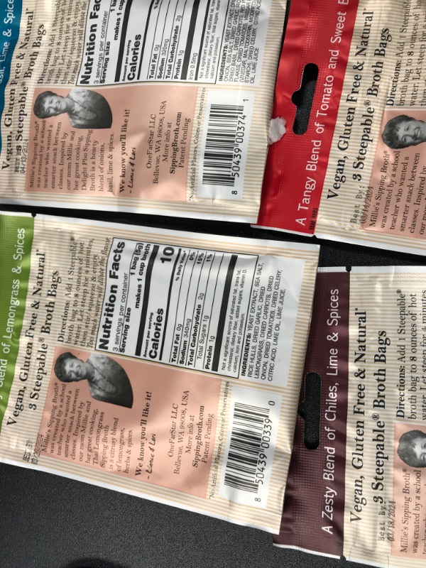 Photo 3 of **2 pack**
exp dates: 03/13,24/23  and 04/23
MILLIE'S SIPPING BROTH Steepable Vegetable Broth with Savory Seasonings for Snack Urges | Vegan, Keto, Gluten Free, Intermittent Fasting, and natural | (3 Pack Assortment - 12 Broth Bags Total)