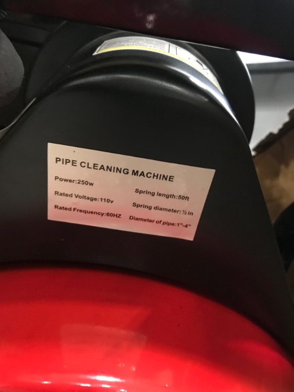 Photo 3 of **tested and powers on***
VEVOR Electric Drain Auger Fit 2''-4'' Pipes w/Wheels & Cutters & Foot Switch Plumbing Snake for Sewer, Toilet, Sink, Shower and Bathroom, Red & Black (50FT x 3/8IN)
