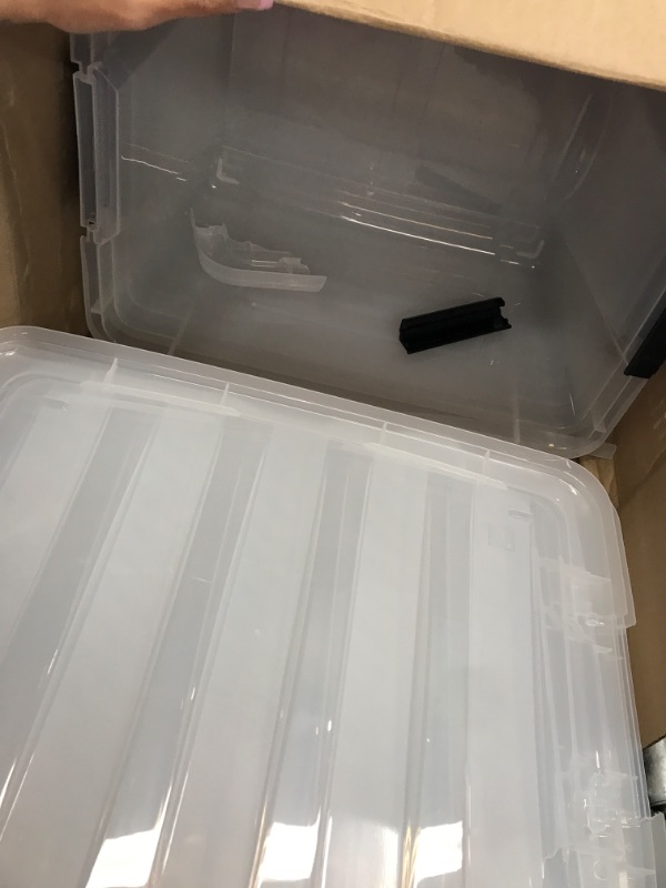 Photo 2 of ***ONE LID BROKEN*** IRIS USA 40 Qt. Plastic Storage Bin Tote Organizing Container with Durable Lid and Secure Latching Buckles, Stackable and Nestable, 6 Pack, clear with Black Buckle 40 Qt. - 6 Pack