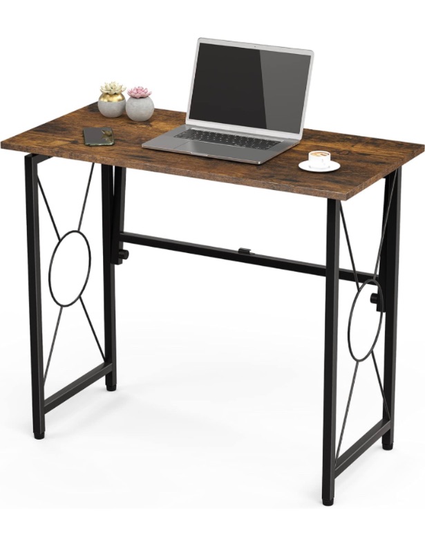 Photo 1 of XBurmo 31.5" Computer Desk for Small Place, Foldable Desk Home Office Desk, Black Metal Frame, Modern Industrial Style Study Writing Table, No Assembly Required, Rustic Brown