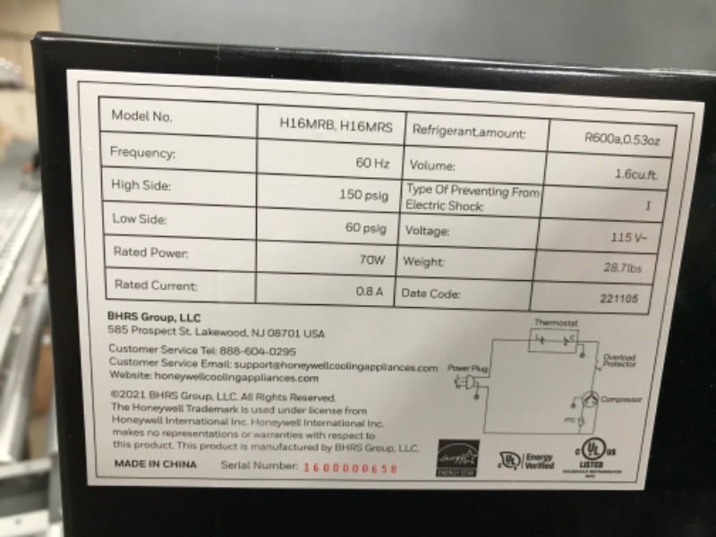 Photo 4 of *DOESN'T GET COLD(BEEN PLUGGED FOR 30MINS) * Honeywell Compact Refrigerator 1.6 Cu Ft Mini Fridge with Freezer, Single Door, Low noise, for Bedroom, Office, Dorm with Adjustable Temperature Settings, Stainless Steel
