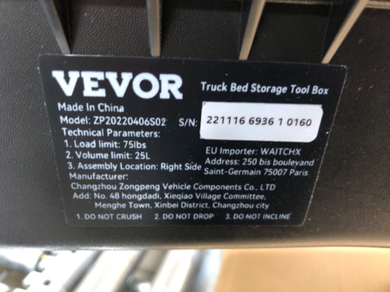 Photo 5 of **SEE NOTES**
VEVOR Truck Bed Storage Box, 2015-2023 Ford F150, Passenger Side, Lockable Lid, Waterproof ABS Wheel Well Tool Box 6.6 Gal/20 L with Password Padlock, Black
