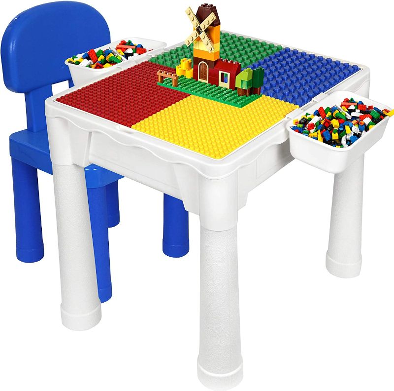 Photo 1 of Building Blocks Table for Kids 7 in 1 Multi Toddler Activity Table Set with Chair & 4 Hanging Storage Shelves Compatible with Building Bricks
