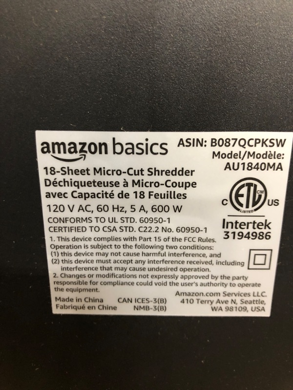 Photo 5 of Amazon Basics 18-Sheet Micro-Cut Paper, CD, and Credit Card Shredder 18 Sheet Shredder