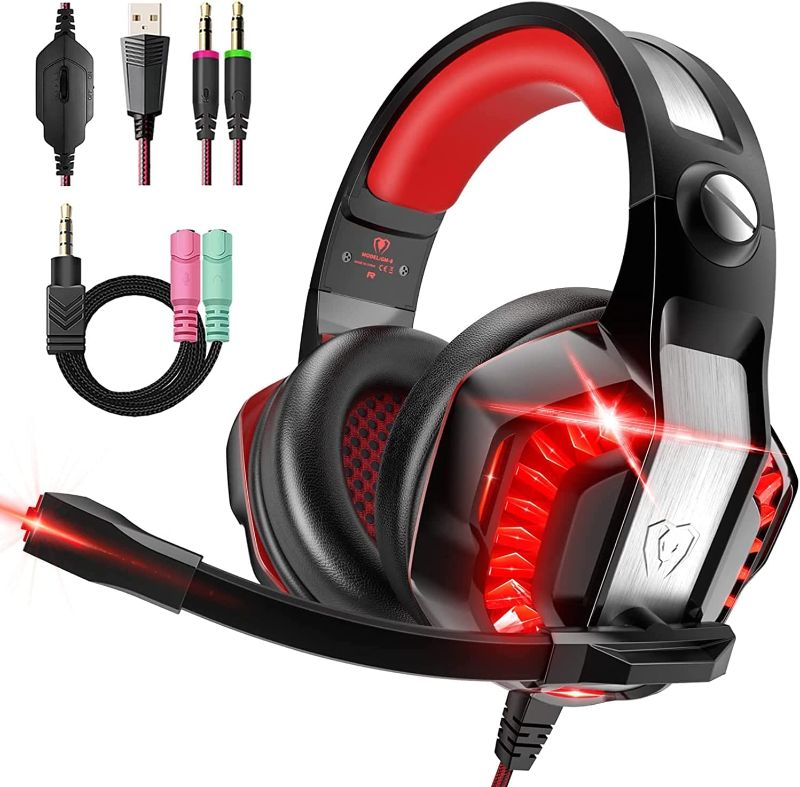 Photo 1 of Gaming Headset for PS4 PS5 PC Xbox one, PS4 Headset with Noise Cancelling Mic, Soft Memory Earmuffs for Mac Laptop (Black RED), GM2R
