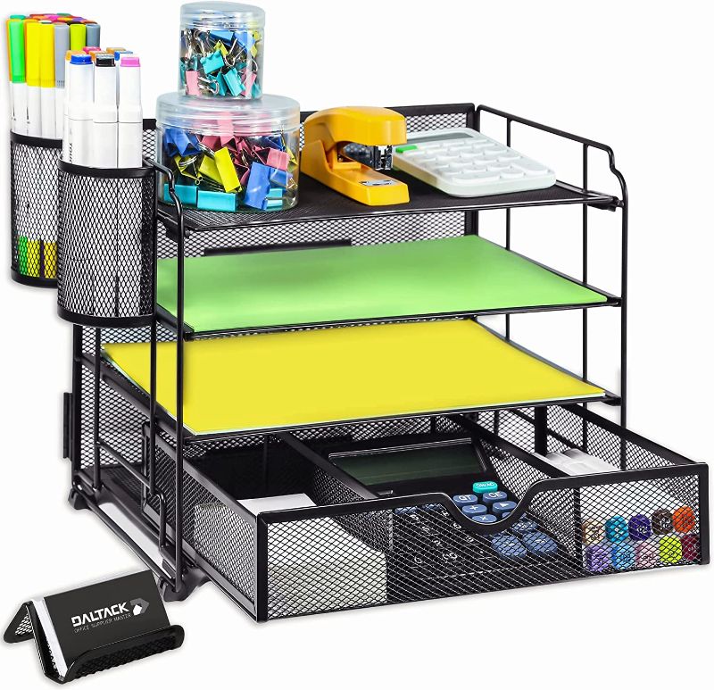 Photo 1 of DALTACK 4-Trays Desktop File Organizer with Pen Holder?Letter Tray Paper Organizer with Drawer and Pen Holders, Black Mesh Office Supplies File Holder?Desk Organizer for Office School Home
