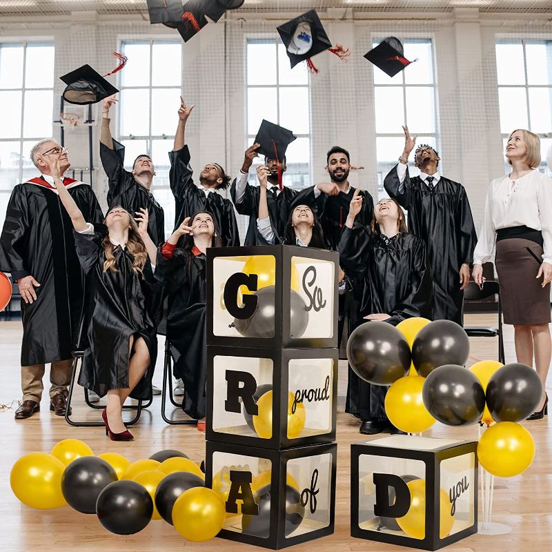 Photo 1 of 4pcs Graduation Balloon Box Black Grad Balloon Boxes with “GRAD” ”So proud of you” Letter to Decorate, 20pcs Black Gold Balloons for Graduation Party Decor Supplies
