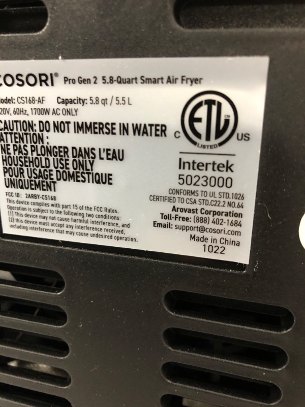 Photo 3 of ***TESTED POWER ON***COSORI Air Fryer 5.8QT Pro Gen Smart 11-in-1 Toaster Oven , 100 Recipes Cookbook, 200+ Online Recipes , APP and Touch Screen Control, Works with Alexa & Google Assistant, Dishwasher-Safe Square Basket