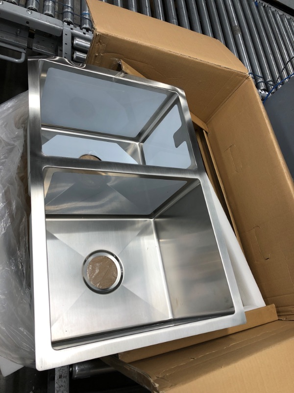 Photo 3 of **2 DENTS ON CORNER, SEE LAST PHOTO FOR DAMAGE**
AZUNI 27"L x 18"W Double Bowl 60/40 Undermount or Topmount 16 Gauge Deep Reversible Kitchen Sink with Bottom Grids and Basket Strainers, C227
