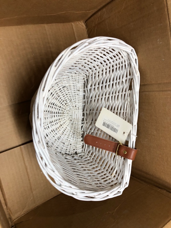 Photo 2 of **ONE BUCKLE MISSING**
OYPEIP Front Handlebar Adult Wicker Bike Basket D-Shaped Water Resistant Cargo with Leather Straps White