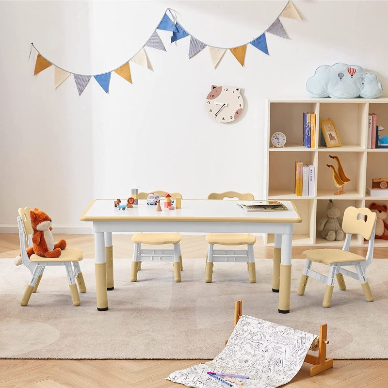 Photo 1 of CuFun Kids Table and 4 Chairs Set, Children Study Desk, Dining Table, Height Adjustable Plastic Desk Painting Desktop Toddler Furniture for Boys and Girls (Beige)
