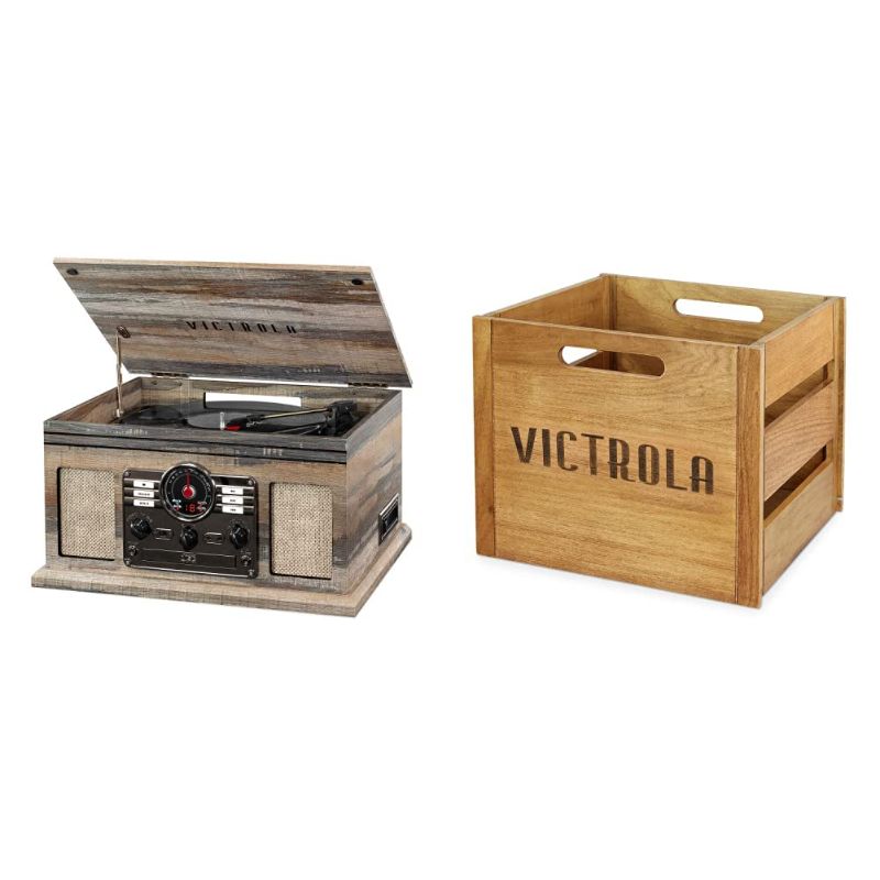 Photo 1 of Victrola Nostalgic 6-in-1 Bluetooth Record Player & Multimedia Center & Cassette Player, AM/FM Radio | Wireless Music Streaming | Farmhouse Shiplap Grey & Wooden Record Crate, Wood Color Farmhouse Shiplap Grey Entertainment Center + Record