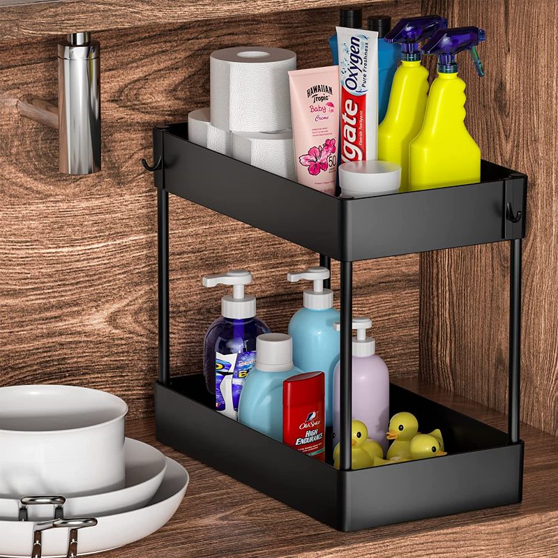 Photo 1 of  3 pack 
Under Sink Organizer, Under Bathroom Sink Storage 2 Tier Organizer Bath Collection Baskets with Hooks, Under Sink Shelf Organizer Rack, Multi-purpose Under Sink Storage for Bathroom Kitchen x3 
