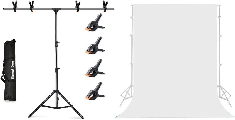 Photo 1 of MOUNTDOG 6.5x5ft T-Shape Backdrop Stand Kit & 6.5x10ft White Backdrop Background, Adjustable Photography Studio Background Support System Kit for Photo...
