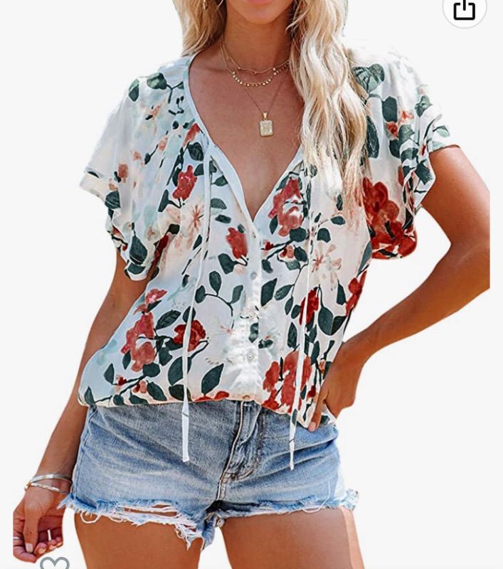 Photo 1 of AlvaQ Women Summer Ruffle Short Sleeve Shirts Casual V Neck Chiffon Blouse Tank Tops- small 