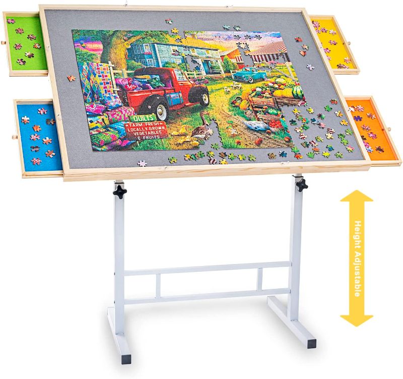 Photo 1 of Adjustable Puzzle Table with 4 Drawers and Legs for up to 1500 Pcs, 34" x 26" Wooden Puzzle Tables for Adults with Angle Height Adjustment, Portable Tilting Jigsaw Puzzle Board with Cover