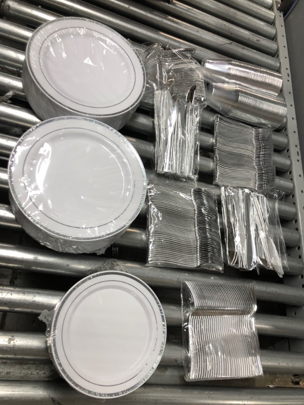 Photo 2 of  Silver Dinnerware Set  Silver Rim 10 inch Plastic Plates  Silver Rim 7 Inch Plates Silver Plastic Silverware  Silver Plastic Cups  Guest Disposable Silver Dinnerware Set