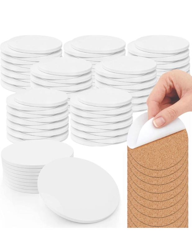 Photo 1 of 100 Pack Ceramic Tiles for Crafts Coasters, Round White Tiles Unglazed 4-Inches with Cork Backing Pads, for Alcohol Ink or Acrylic Pouring, DIY Make Your Own Coasters, Mosaics, Painting Projects