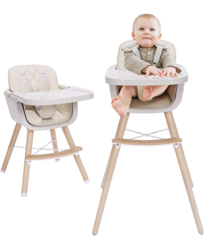 Photo 2 of 3-in-1 Convertible Wooden High Chair,Baby High Chair with Adjustable Legs & Dishwasher Safe Tray, Made of Sleek Hardwood & Premium Leatherette,Cream Color