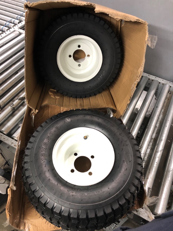 Photo 2 of (2-Pack) 18” Tubeless Tires On Rims - 18x8.5-8 Tire and Wheel Assemblies - 4-Lug 4” Center - 2.83” Center Bore - Load Range B Max Tire Weight of 815 Lbs - Compatible with Alumacraft Boat Trailers 18"x8.5-8" white