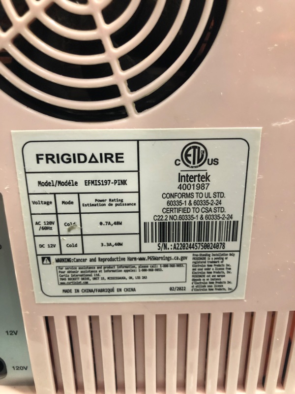 Photo 3 of "MISSING POWER CABLE" Frigidaire Pink EFMIS129- AMZ EFMIS129 Mini Portable Fridge, 4 litres Capacity Chills Six 12oz Cans, 100% Freon-Free & Eco Friendly, Beverage Cooler Pink Cooler