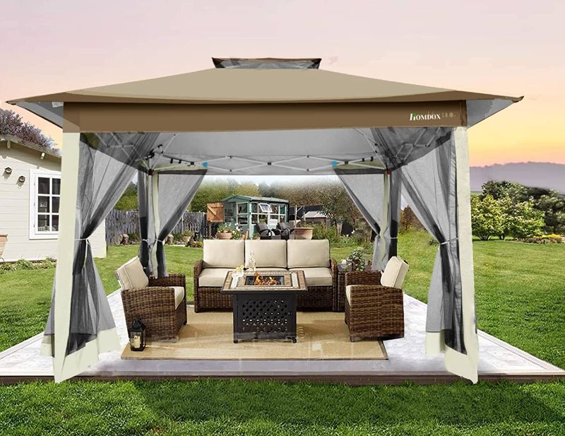 Photo 1 of ?????? ??? ?? ?????? ??' ? ??' Patio Gazebo 2 Tiered Vented Top with Mosquito Netting, 4 Ropes, 4 Outdoor Canopy Weights, 8 Stakes Beige
