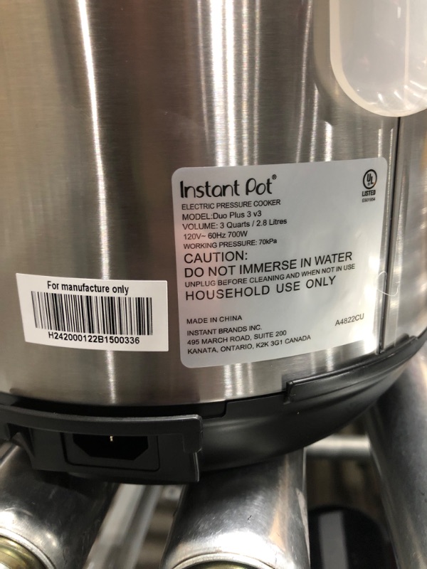 Photo 1 of *Missing Power Cord-Unable to Test* Instant Pot DUO Plus 3 Qt 9-in-1 Multi- Use Programmable Pressure Cooker, Slow Cooker, Rice Cooker, Yogurt Maker, Egg Cooker, Sauté, Steamer, Warmer, and Sterilizer