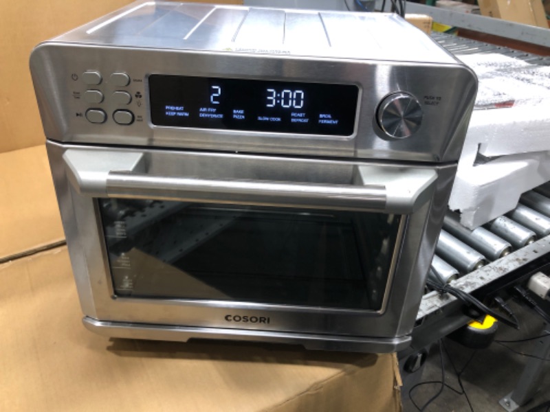 Photo 2 of *Tested/Dented On Side-See Photos* COSORI Air Fryer Toaster Oven Combo, 12-in-1 Convection Ovens Countertop, Stainless Steel, Smart, 6-Slice Toast, 12-inch Pizza, with Bake, Roast, Broil, 75 Recipes&Accessories Tray, Basket, 26.4QT 25L+Air fryer stainless