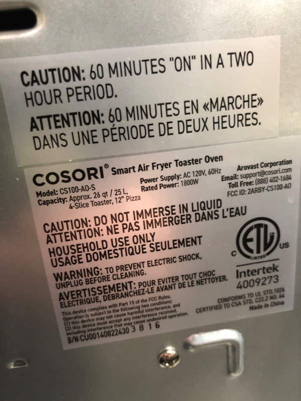 Photo 4 of *Tested/Dented On Side-See Photos* COSORI Air Fryer Toaster Oven Combo, 12-in-1 Convection Ovens Countertop, Stainless Steel, Smart, 6-Slice Toast, 12-inch Pizza, with Bake, Roast, Broil, 75 Recipes&Accessories Tray, Basket, 26.4QT 25L+Air fryer stainless