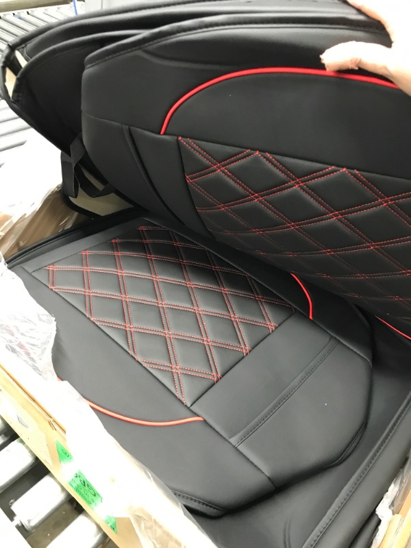 Photo 5 of DrCarNow Super Cover® Car Seat Covers for Dodge Ram 2009-2023 1500, 2010-2023 2500/3500 Pickup Truck Crew Quad Mega Cab Waterproof Leather Custom Fit Car Seat Accessories(Front&Rear) 5 PCS Full Set/Black-Red (2)