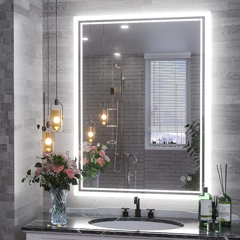 Photo 1 of TokeShimi 32 X 24 Inch LED Bathroom Mirror with Front and Back Light 3 Color Dimmable Anti Fog Function Touch Switch Wall Mounted Bathroom Mirror with Adjustable White/Warm/Natural Lights Waterproof
